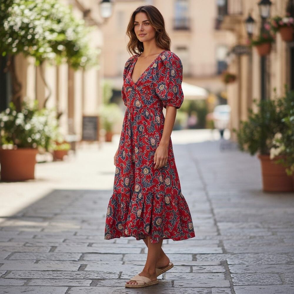 Revolve House of Harlow Red Midi Dress XS Short Puff Sleeve Flower Floral
